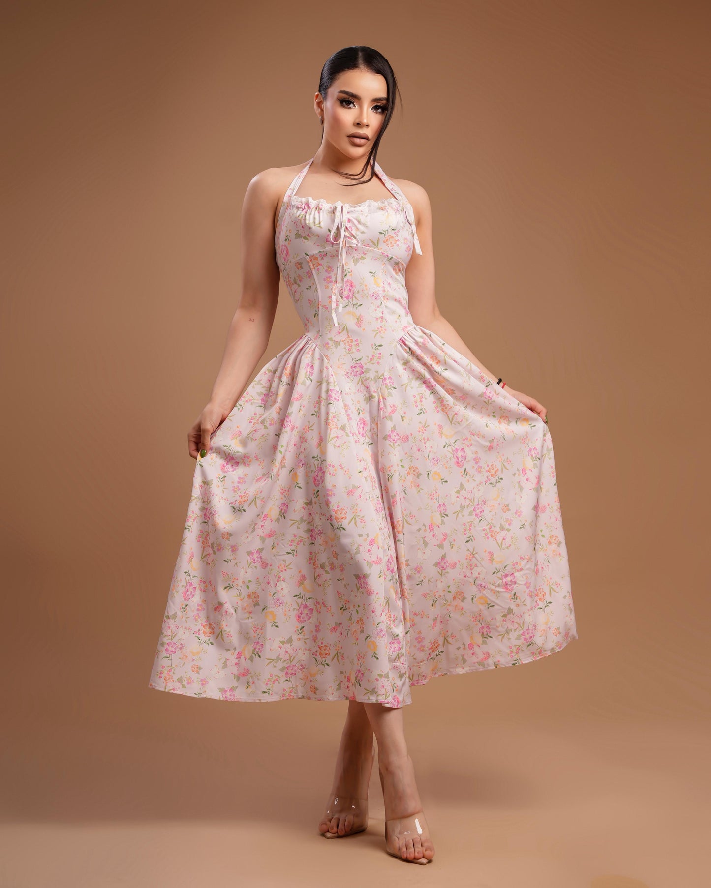 Vestido rosa mult flores