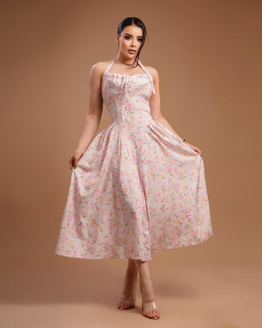 Vestido rosa mult flores