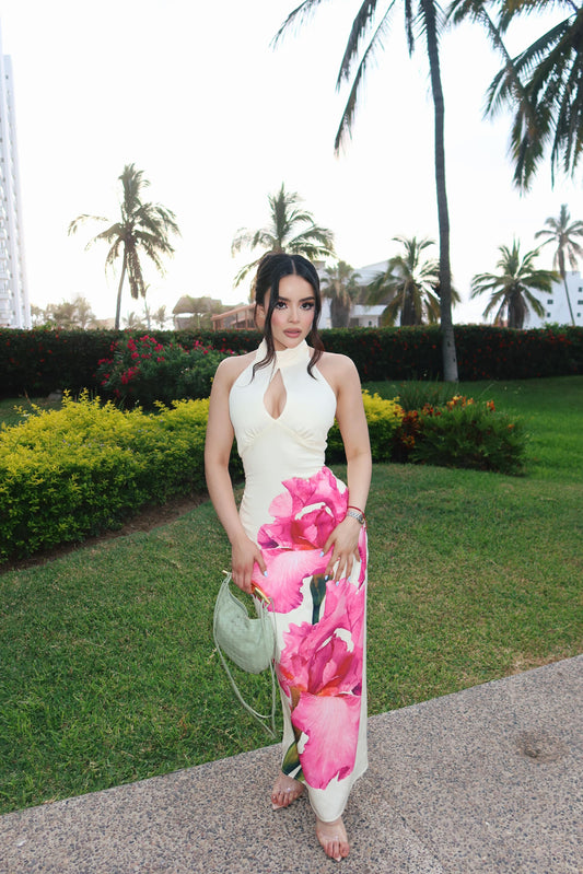 Vestido beige largo flor